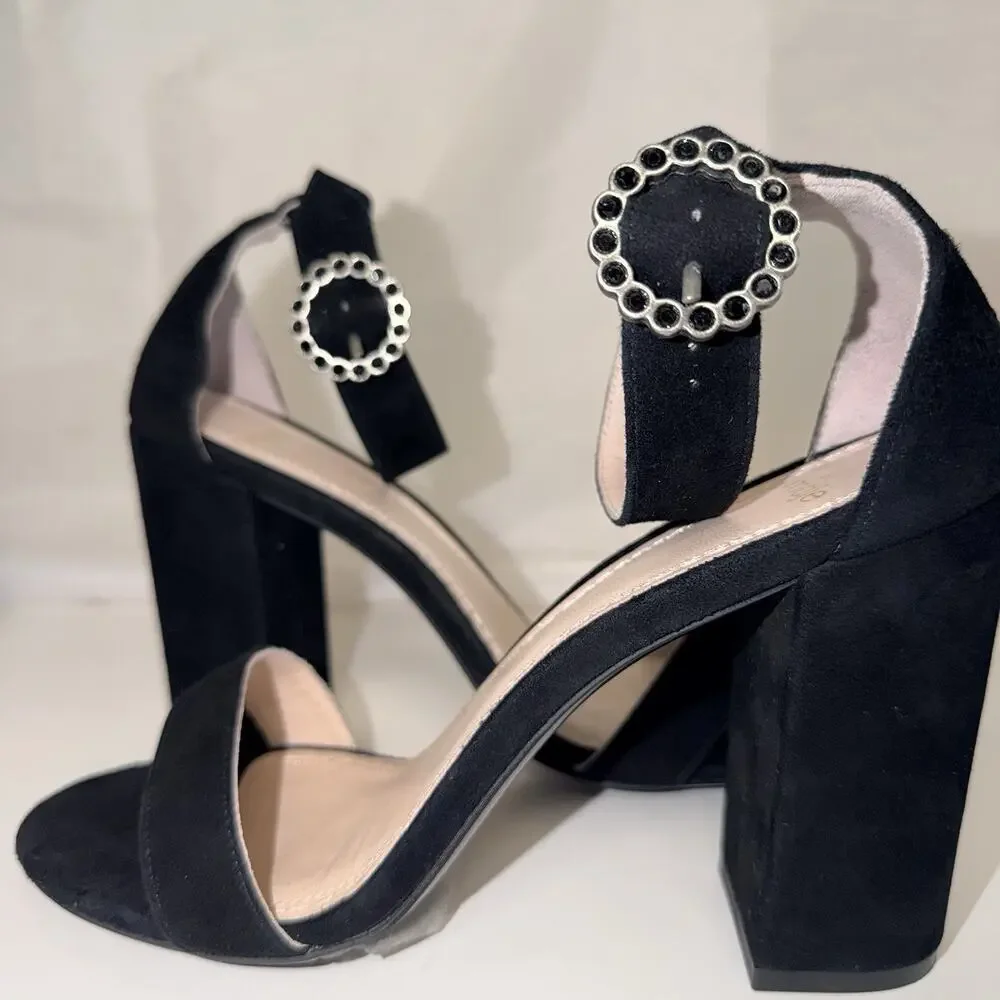 Maje Faria Black Suede Block Heel Sandals 40 US 9 Crystal Buckle Portugal JB2